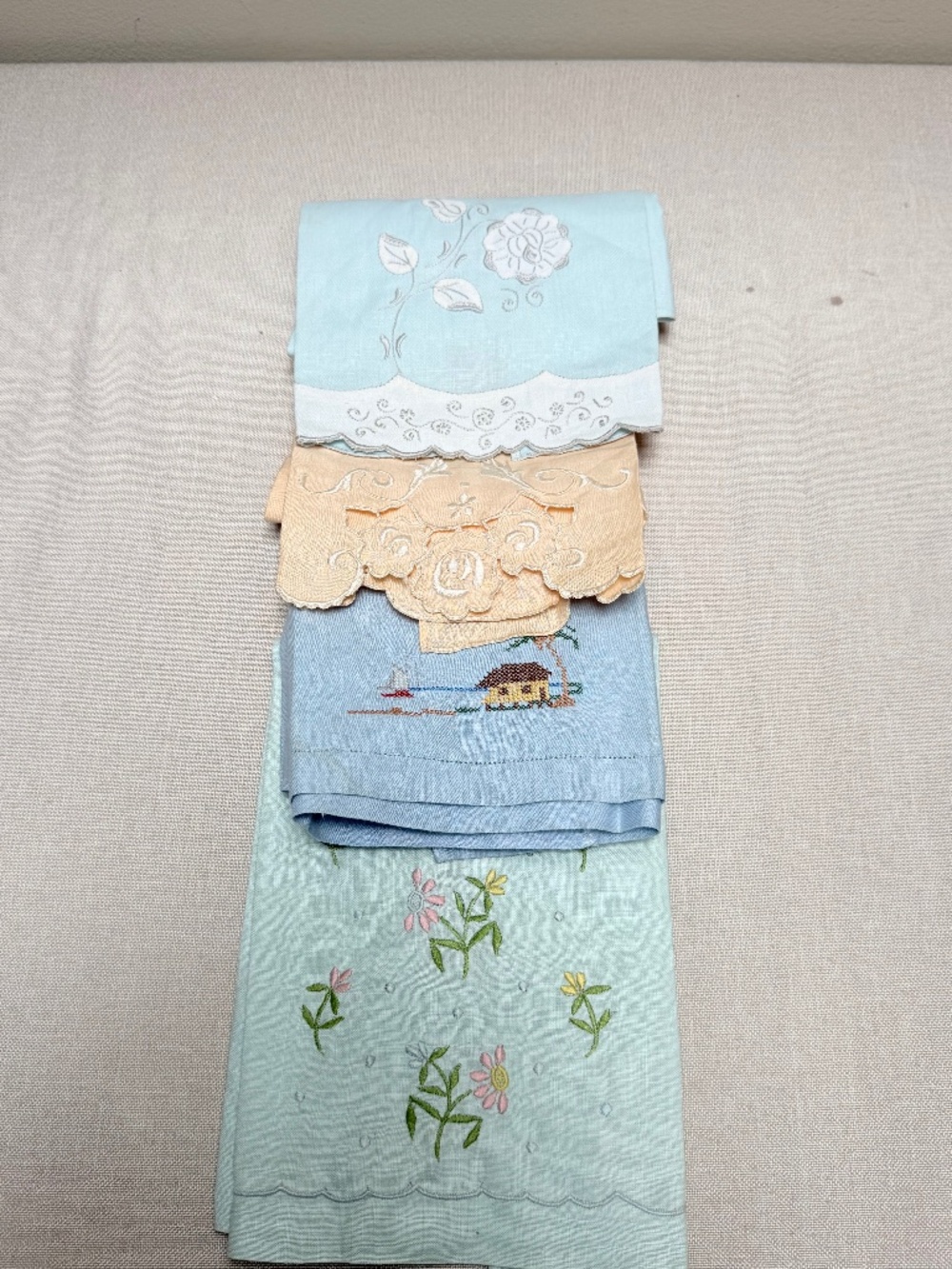 Set of 4 Hand Embroidered Pastel Guest Tea Towels Linens